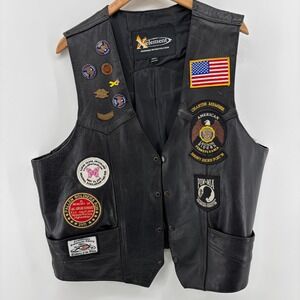 Xelement Mens Black Leather Motorcycle Vest Patches American Legion‎ POW MIA 3XL